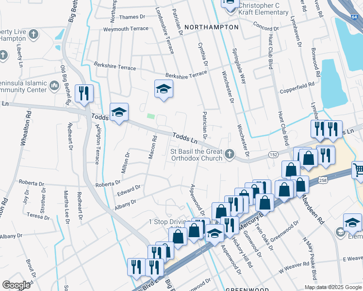 map of restaurants, bars, coffee shops, grocery stores, and more near 1458 Todds Lane in Hampton