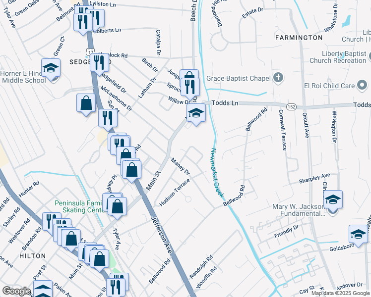 map of restaurants, bars, coffee shops, grocery stores, and more near 807 Lafayette Terrace in Newport News
