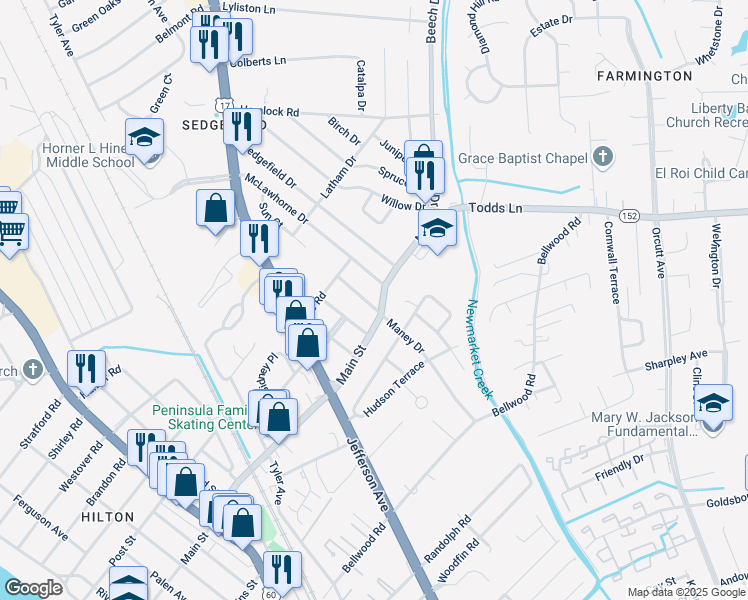 map of restaurants, bars, coffee shops, grocery stores, and more near 302 Maney Drive in Newport News