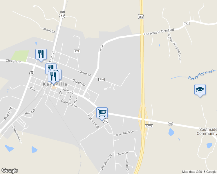 map of restaurants, bars, coffee shops, grocery stores, and more near 500 Autumnwood Drive in Keysville