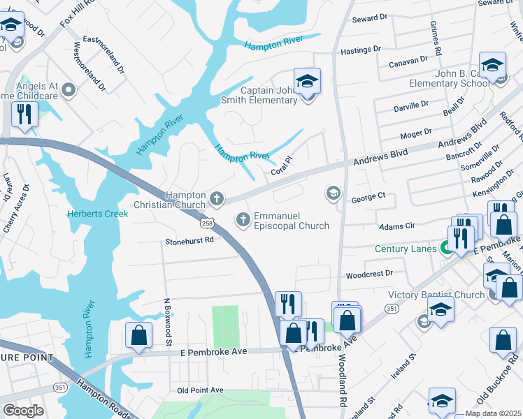 map of restaurants, bars, coffee shops, grocery stores, and more near 15 Pirates Cove in Hampton