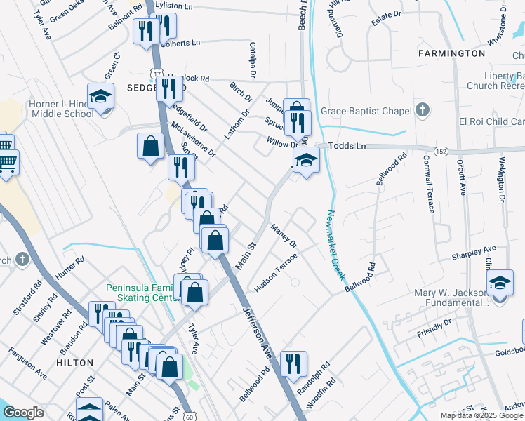 map of restaurants, bars, coffee shops, grocery stores, and more near 302 Maney Drive in Newport News