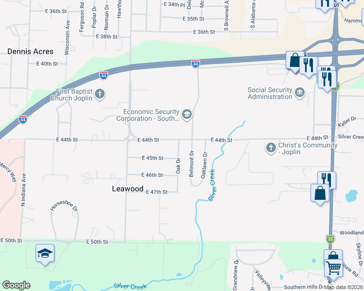 map of restaurants, bars, coffee shops, grocery stores, and more near 4400-4498 Oak Drive in Joplin