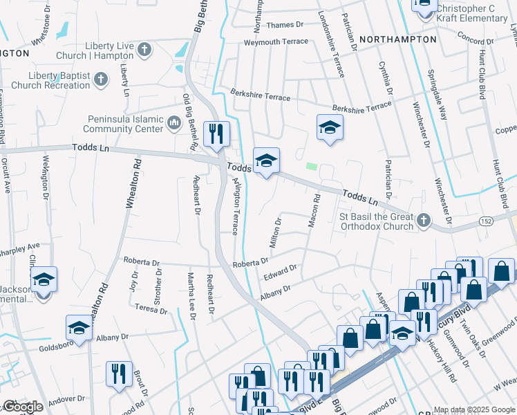 map of restaurants, bars, coffee shops, grocery stores, and more near 1406 Todds Lane in Hampton