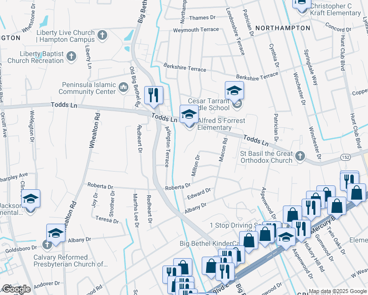 map of restaurants, bars, coffee shops, grocery stores, and more near 715 Milton Drive in Hampton