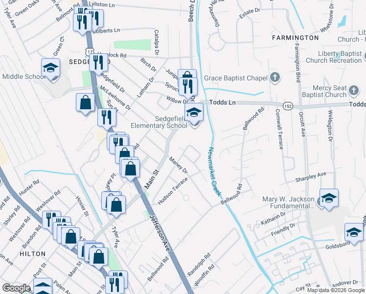 map of restaurants, bars, coffee shops, grocery stores, and more near 801 Lafayette Terrace in Newport News