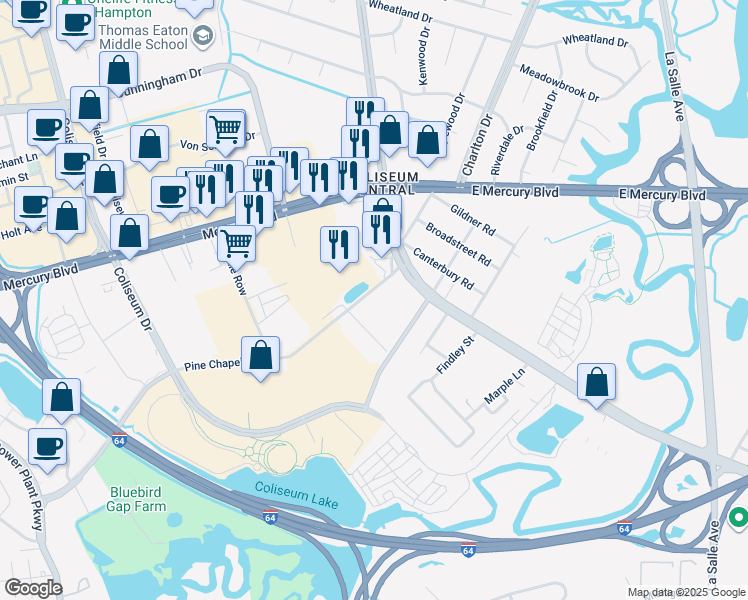 map of restaurants, bars, coffee shops, grocery stores, and more near 224 Pine Chapel Road in Hampton