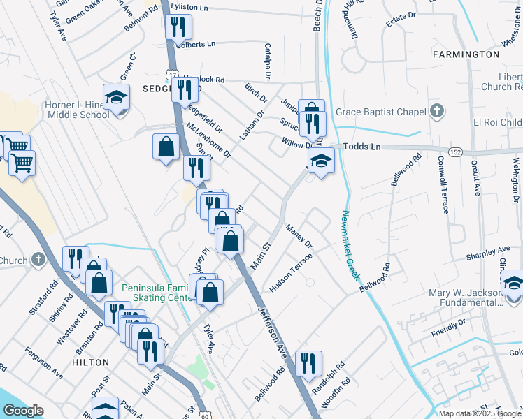 map of restaurants, bars, coffee shops, grocery stores, and more near 313 Maney Drive in Newport News