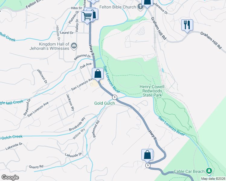 map of restaurants, bars, coffee shops, grocery stores, and more near 5300 California 9 in Felton