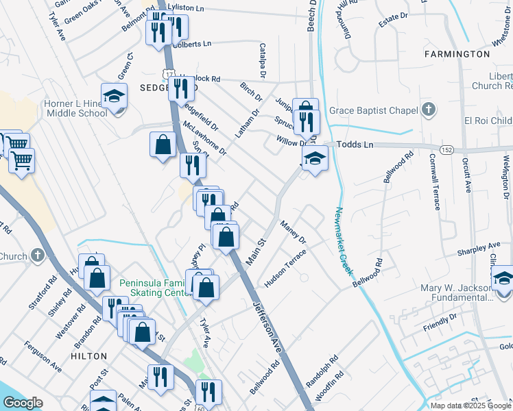 map of restaurants, bars, coffee shops, grocery stores, and more near 313 Maney Drive in Newport News