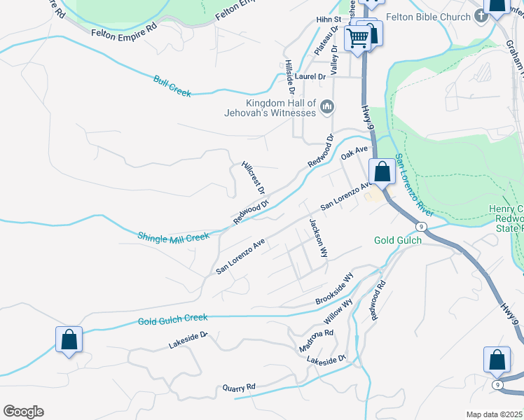 map of restaurants, bars, coffee shops, grocery stores, and more near 619 Redwood Drive in Felton