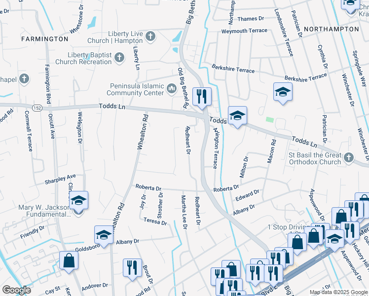 map of restaurants, bars, coffee shops, grocery stores, and more near 819 Redheart Drive in Hampton