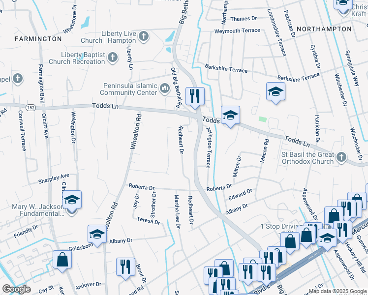 map of restaurants, bars, coffee shops, grocery stores, and more near 826 Redheart Drive in Hampton