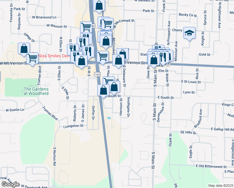 map of restaurants, bars, coffee shops, grocery stores, and more near 403 Harrison Street in Nixa