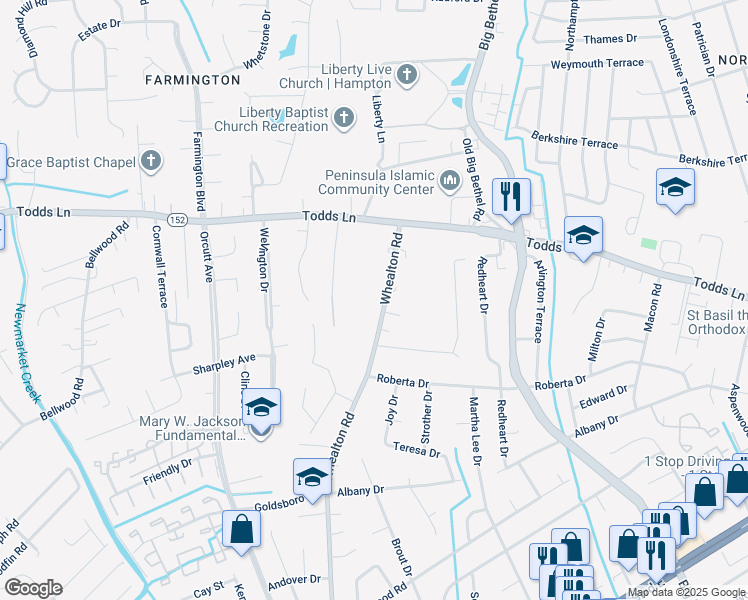 map of restaurants, bars, coffee shops, grocery stores, and more near 493 Whealton Road in Hampton