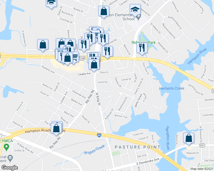 map of restaurants, bars, coffee shops, grocery stores, and more near 15 Saxony Place in Hampton
