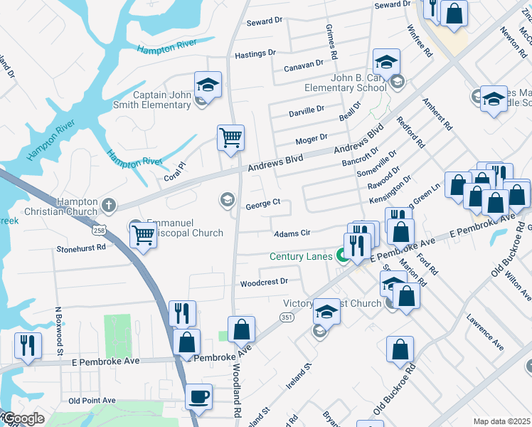 map of restaurants, bars, coffee shops, grocery stores, and more near 6 George Court in Hampton