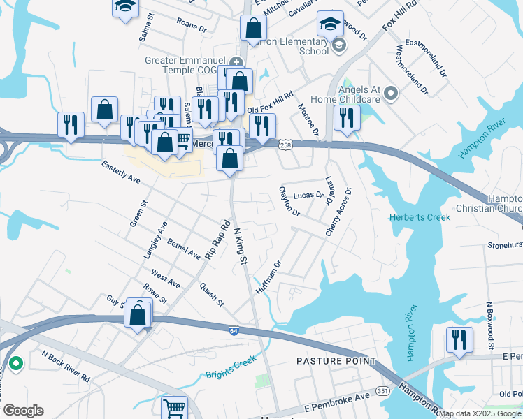 map of restaurants, bars, coffee shops, grocery stores, and more near 15 Saxony Place in Hampton