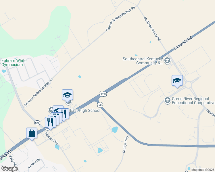 map of restaurants, bars, coffee shops, grocery stores, and more near 7253-7385 Louisville Road in Bowling Green