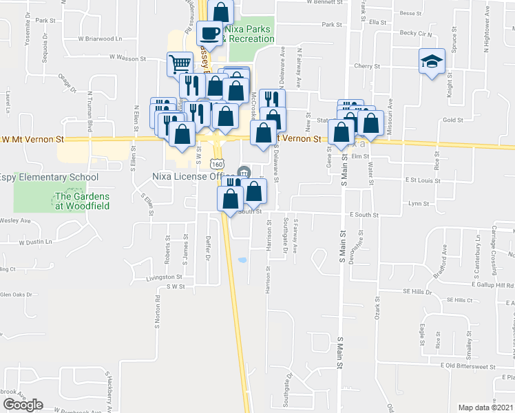map of restaurants, bars, coffee shops, grocery stores, and more near 215 Fort Street in Nixa