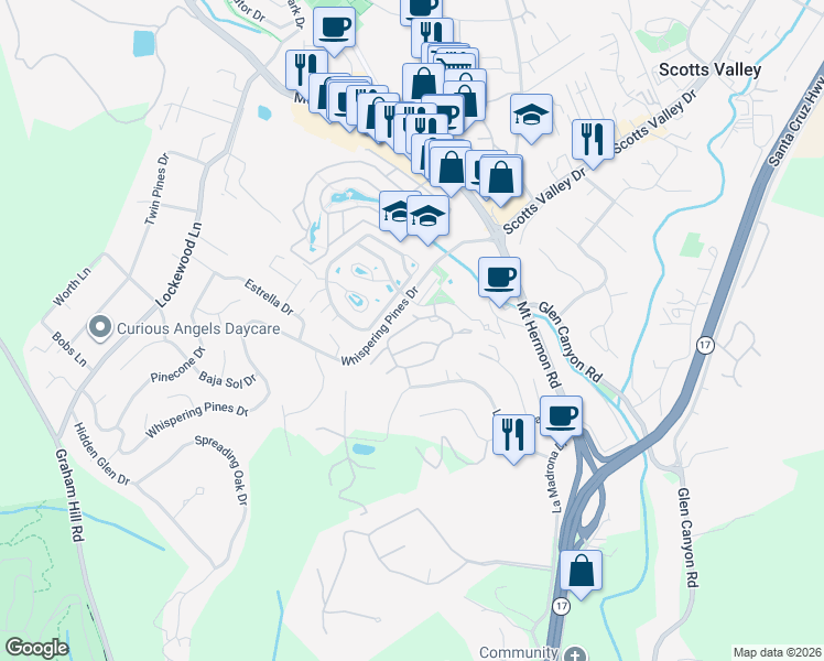 map of restaurants, bars, coffee shops, grocery stores, and more near 29 Arabian Way in Scotts Valley