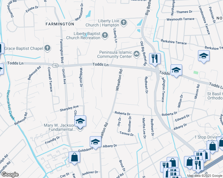 map of restaurants, bars, coffee shops, grocery stores, and more near 493 Whealton Road in Hampton