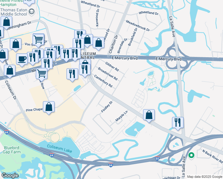 map of restaurants, bars, coffee shops, grocery stores, and more near 19 Westminister Drive in Hampton