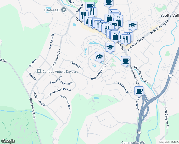 map of restaurants, bars, coffee shops, grocery stores, and more near 116 Whispering Pines Court in Scotts Valley