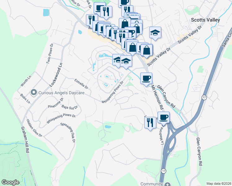 map of restaurants, bars, coffee shops, grocery stores, and more near 42 Arabian Way in Scotts Valley