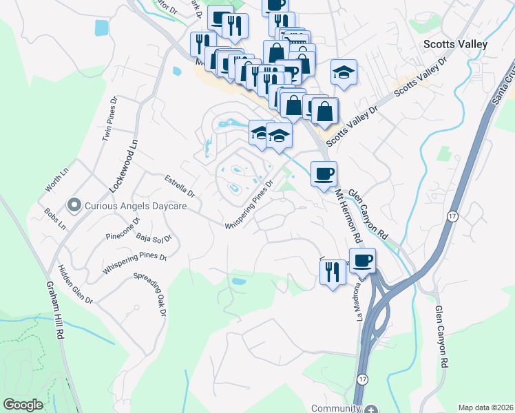 map of restaurants, bars, coffee shops, grocery stores, and more near 42 Arabian Way in Scotts Valley
