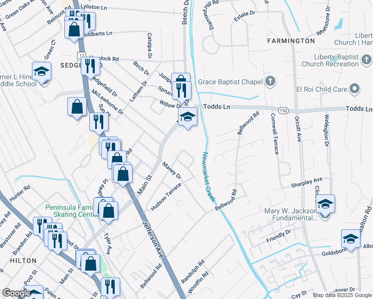 map of restaurants, bars, coffee shops, grocery stores, and more near 21 Terrace Circle in Newport News