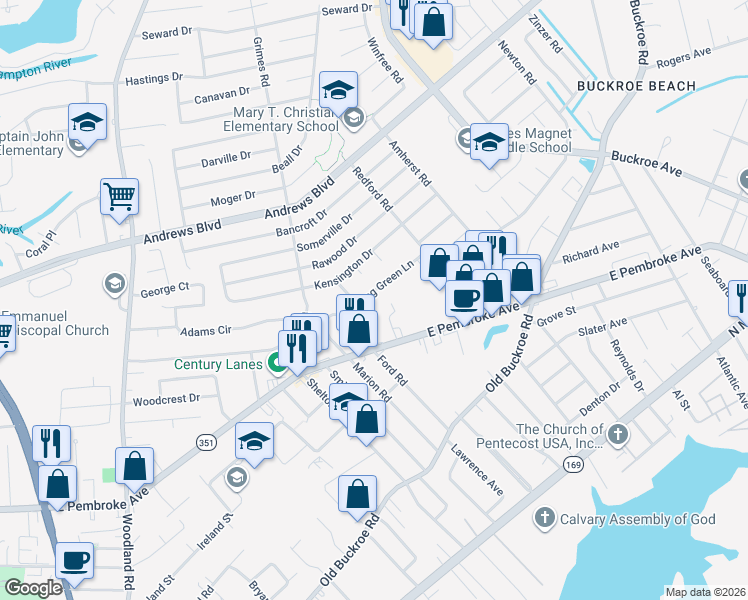 map of restaurants, bars, coffee shops, grocery stores, and more near 1927 Long Green Lane in Hampton