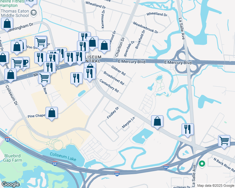 map of restaurants, bars, coffee shops, grocery stores, and more near 19 Westminister Drive in Hampton