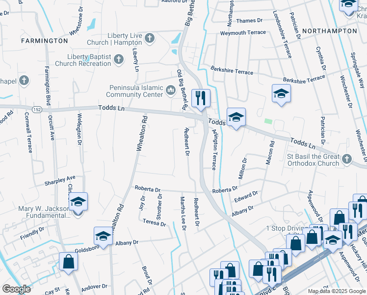 map of restaurants, bars, coffee shops, grocery stores, and more near 836 Redheart Drive in Hampton