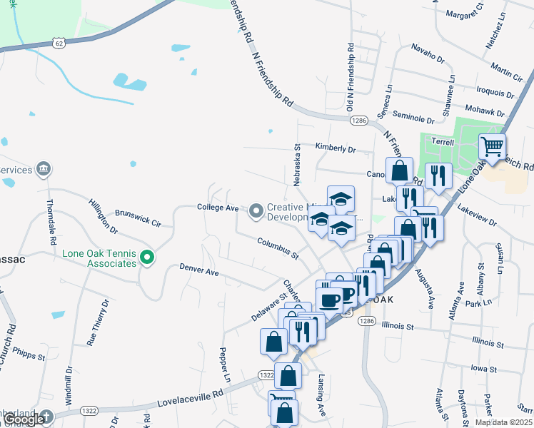 map of restaurants, bars, coffee shops, grocery stores, and more near 472-556 College Avenue in Paducah