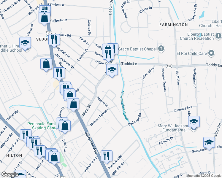 map of restaurants, bars, coffee shops, grocery stores, and more near 21 Terrace Circle in Newport News