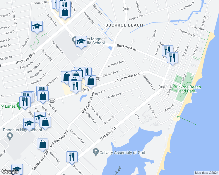 map of restaurants, bars, coffee shops, grocery stores, and more near 1543 Grove Street in Hampton