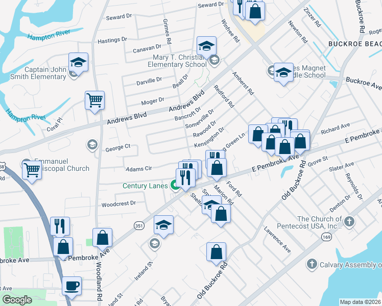 map of restaurants, bars, coffee shops, grocery stores, and more near 1903 Kensington Drive in Hampton