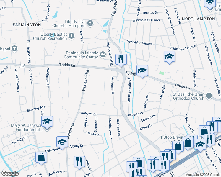 map of restaurants, bars, coffee shops, grocery stores, and more near 836 Redheart Drive in Hampton