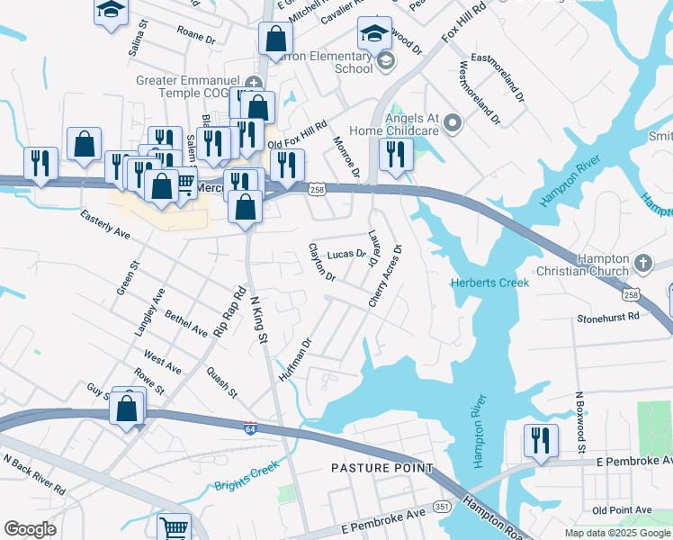 map of restaurants, bars, coffee shops, grocery stores, and more near 19 Lucas Drive in Hampton
