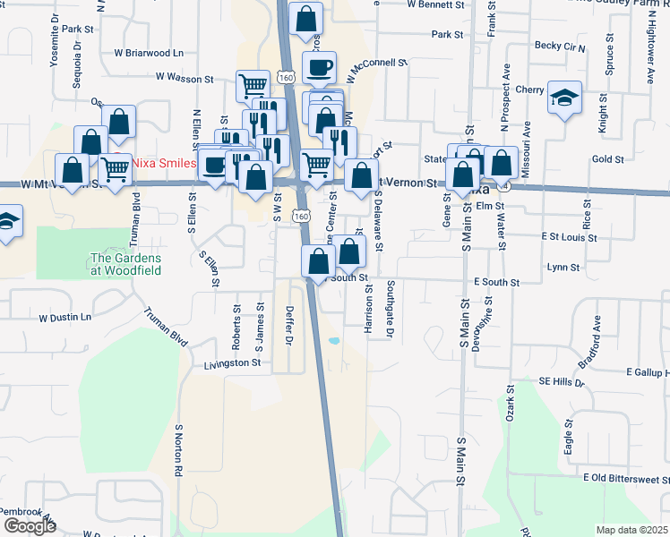 map of restaurants, bars, coffee shops, grocery stores, and more near 200 Village Center Street in Nixa
