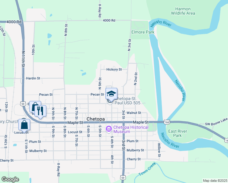 map of restaurants, bars, coffee shops, grocery stores, and more near Oak Street in Chetopa
