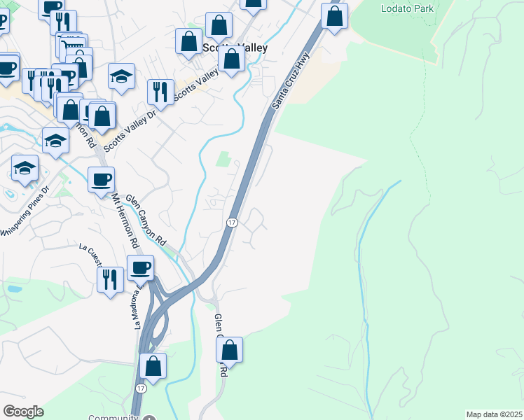 map of restaurants, bars, coffee shops, grocery stores, and more near 307 Sidesaddle Circle in Scotts Valley