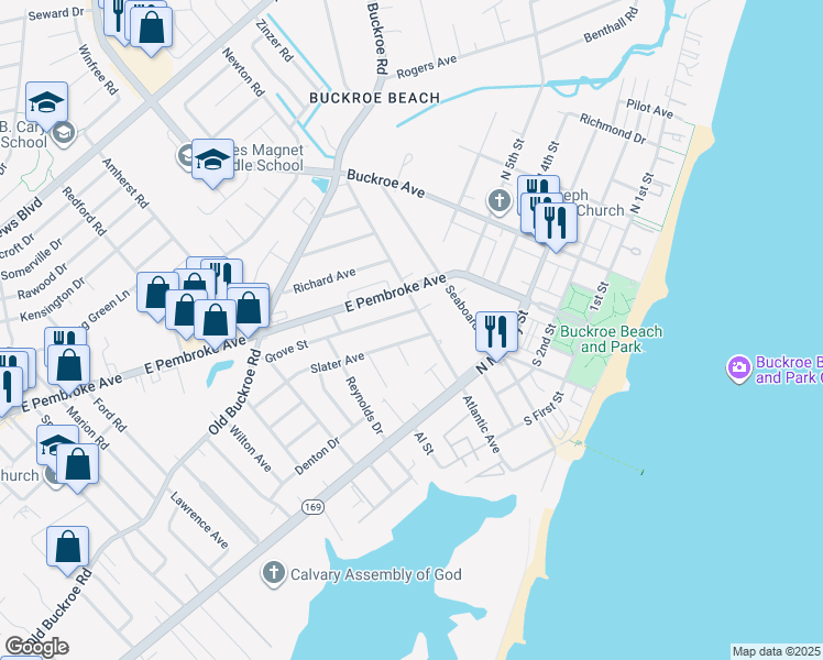 map of restaurants, bars, coffee shops, grocery stores, and more near 706 Grove Street in Hampton