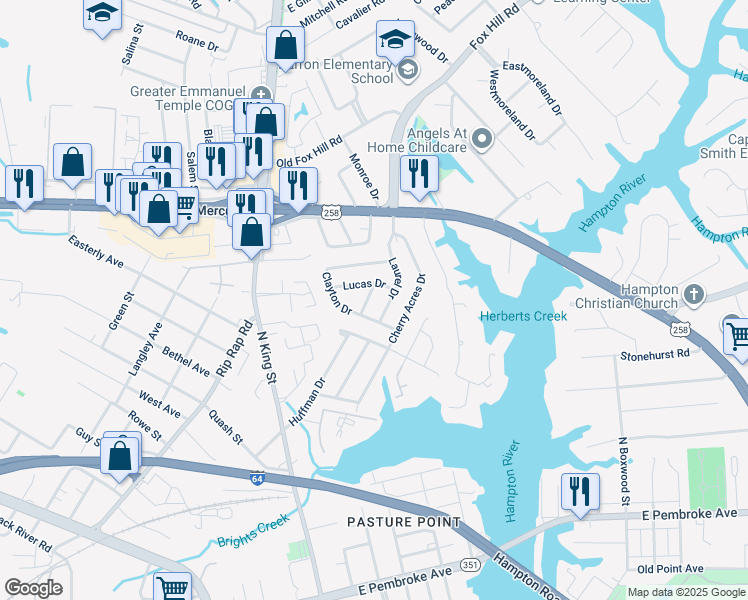 map of restaurants, bars, coffee shops, grocery stores, and more near 8 Dotson Drive in Hampton