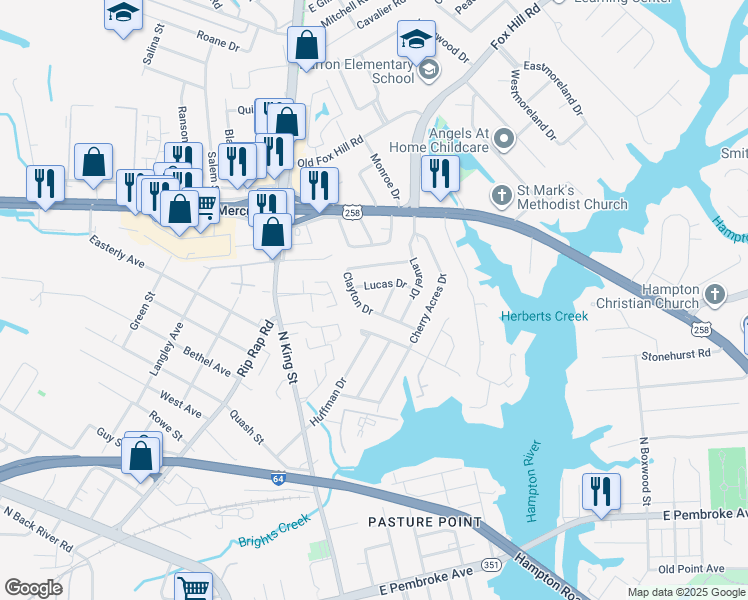 map of restaurants, bars, coffee shops, grocery stores, and more near 19 Lucas Drive in Hampton