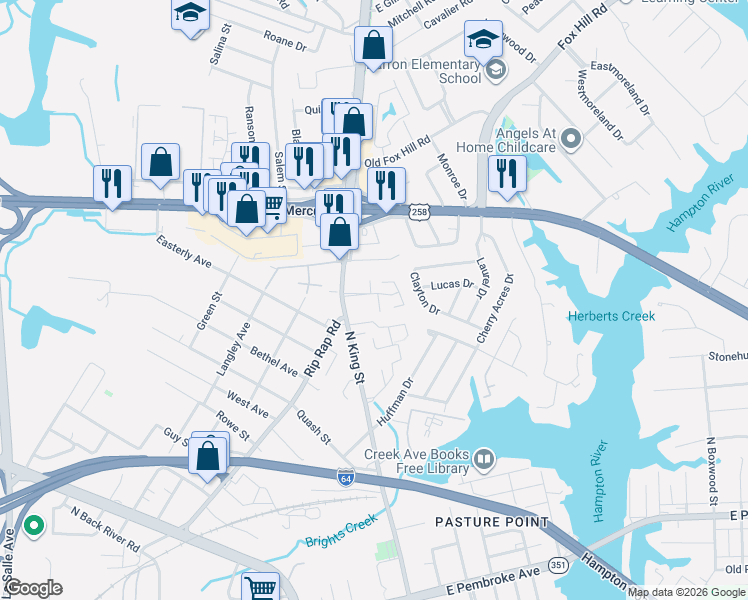 map of restaurants, bars, coffee shops, grocery stores, and more near 12 Valor Place in Hampton