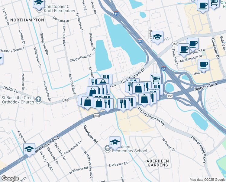 map of restaurants, bars, coffee shops, grocery stores, and more near 1817 Virginia 152 in Hampton