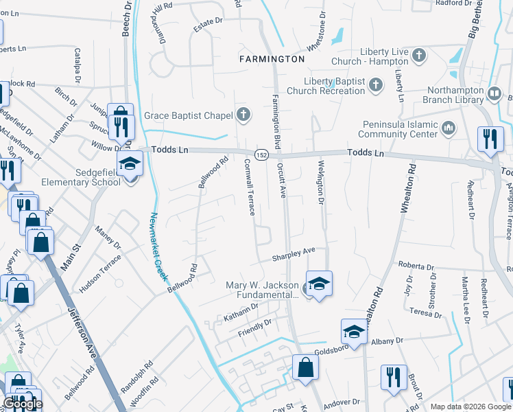 map of restaurants, bars, coffee shops, grocery stores, and more near 25 Cornwall Terrace in Hampton
