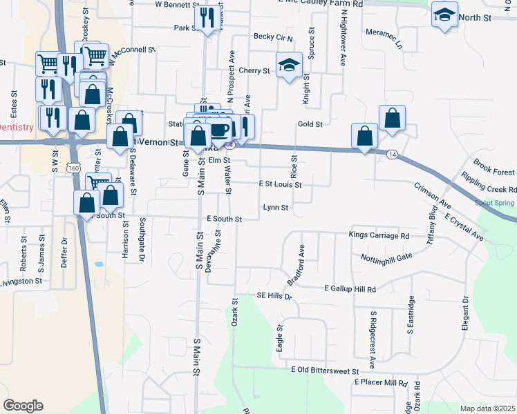 map of restaurants, bars, coffee shops, grocery stores, and more near 306 South Market Street in Nixa